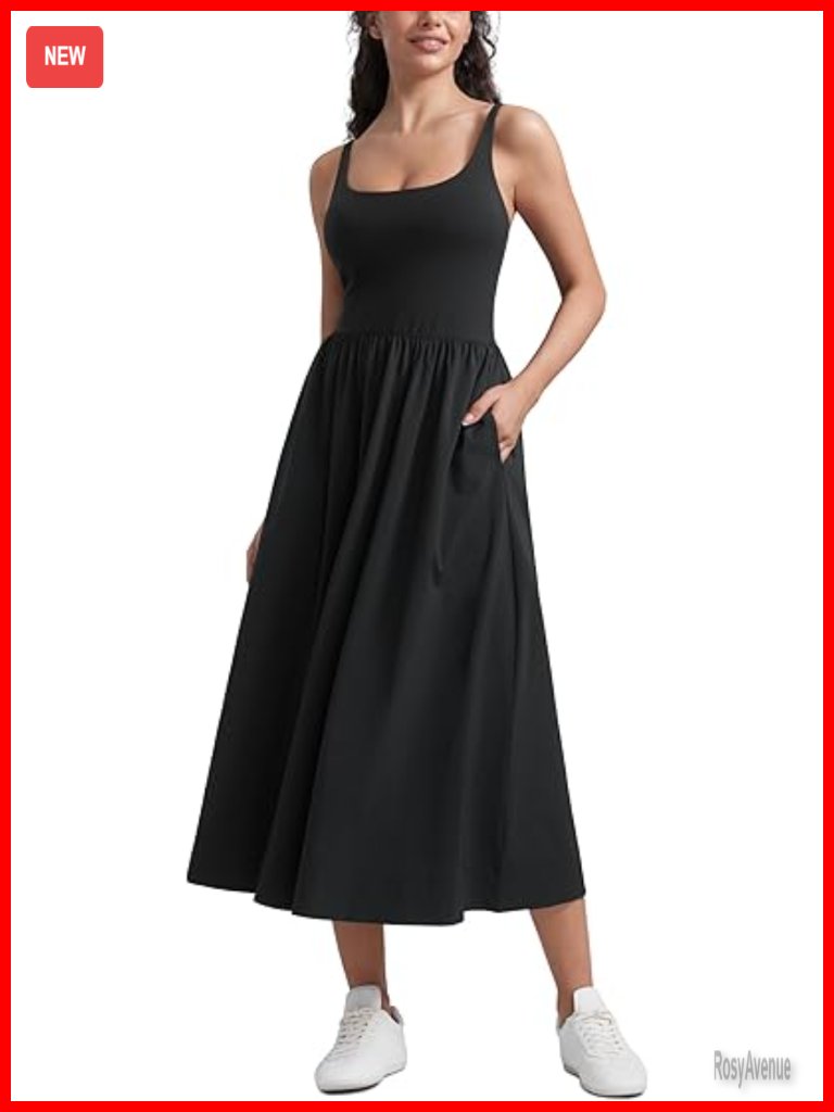 Square Neck Maxi Dress With Pockets - Flowy Sleeveless Padded Travel Casual